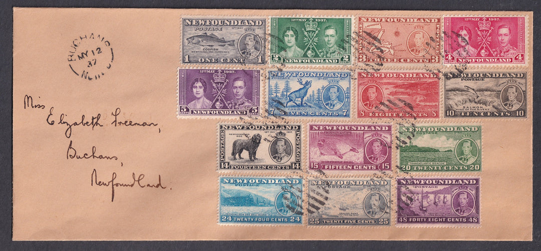 Newfoundland 1937 Sc 230-43 FDC cover to Buchans with both KGVI coronation sets