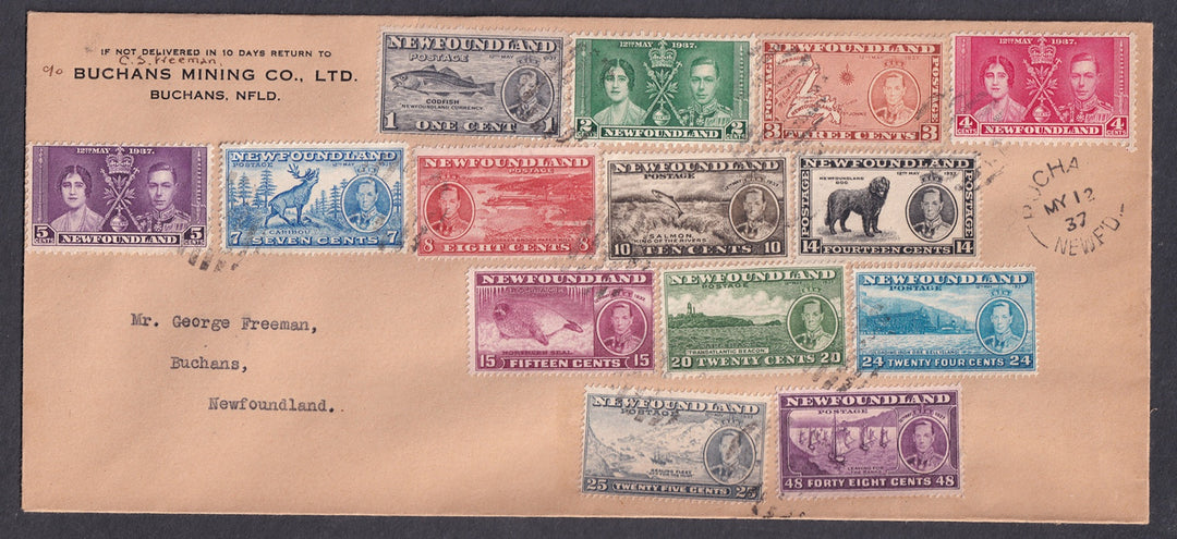 Newfoundland 1937 Sc 230-43 FDC cover to Buchans with both KGVI coronation sets
