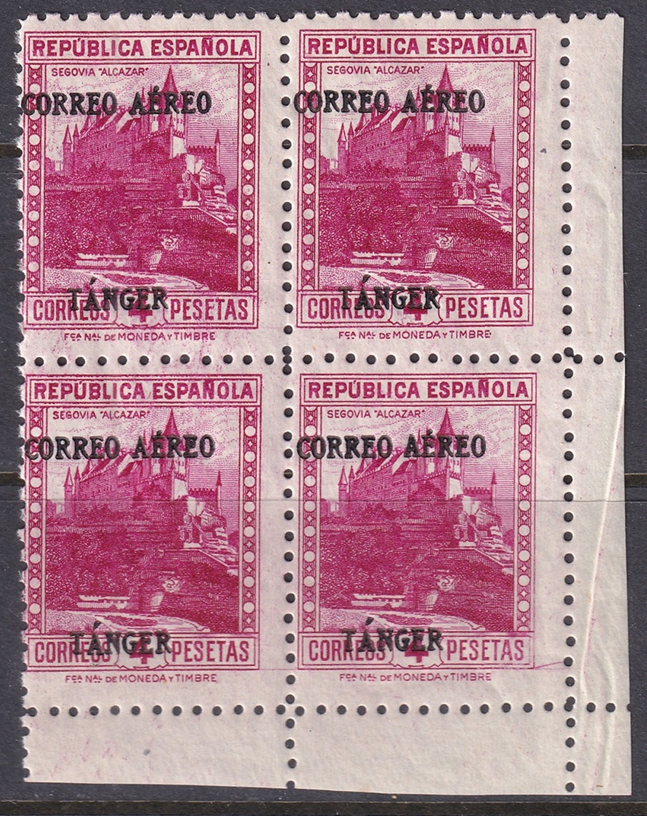 Spanish Tangier 1939 Ed 112 air post lower right plate block MNH**