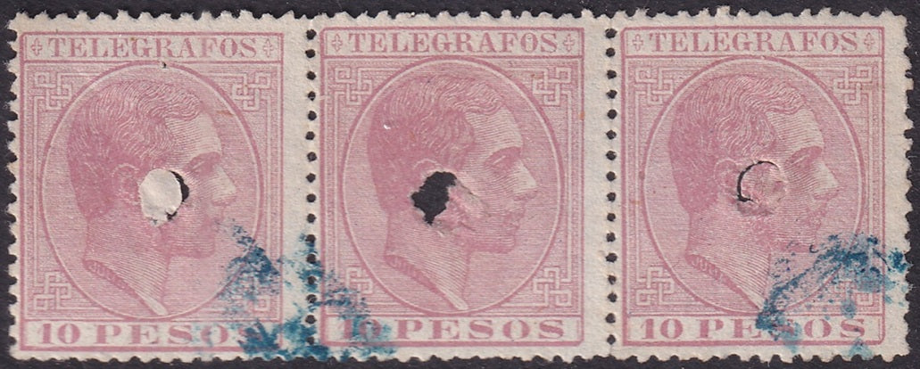 Philippines 1880 telégrafo Ed 8 strip of 3 used punch cancels