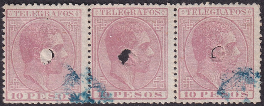 Philippines 1880 telégrafo Ed 8 strip of 3 used punch cancels