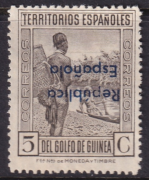 Spanish Guinea 1933 Sc 250 MLH* partial gum blue inverted overprint variety