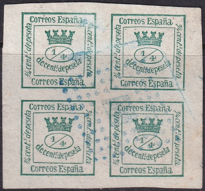 Spain 1873 Sc 190 block used blue rombo de puntos cancel