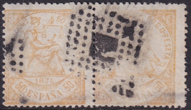 Spain 1874 Sc 207 pair used rombo de puntos cancel