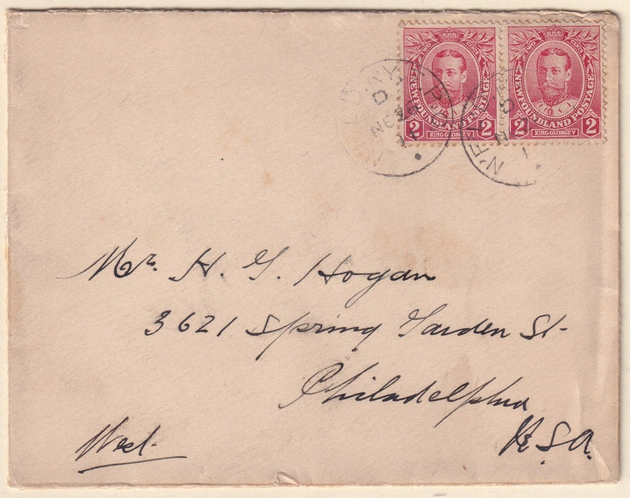 Newfoundland 1911 Sc 105 pair on cover with railway TPO cancel to Philadelphia, US
