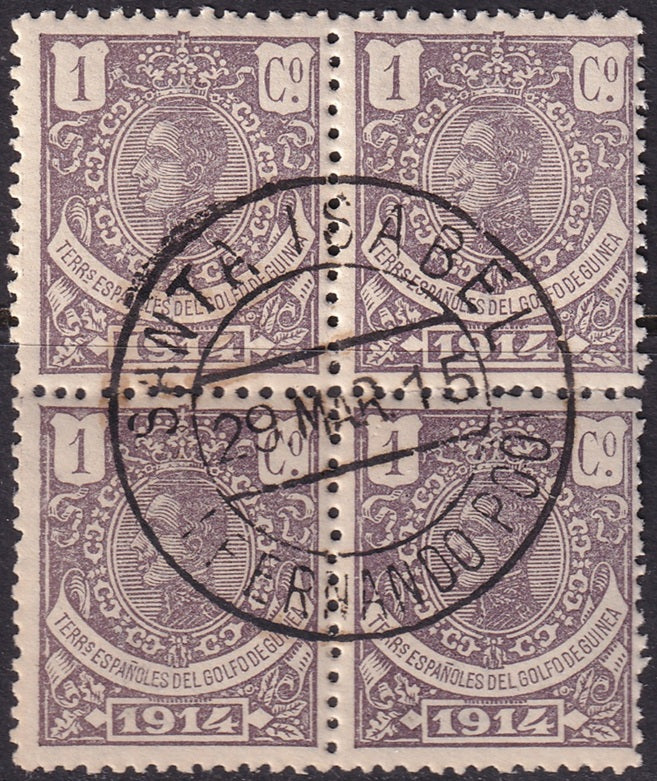 Spanish Guinea 1914 Sc 128 block used Santa Isabel (Fernando Po) cancel