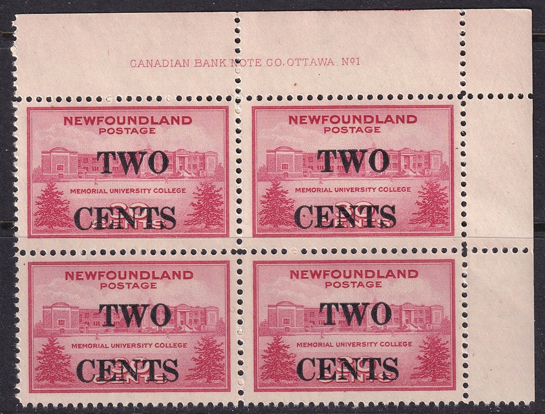 Newfoundland 1943 Sc 268 upper right plate block MNH**