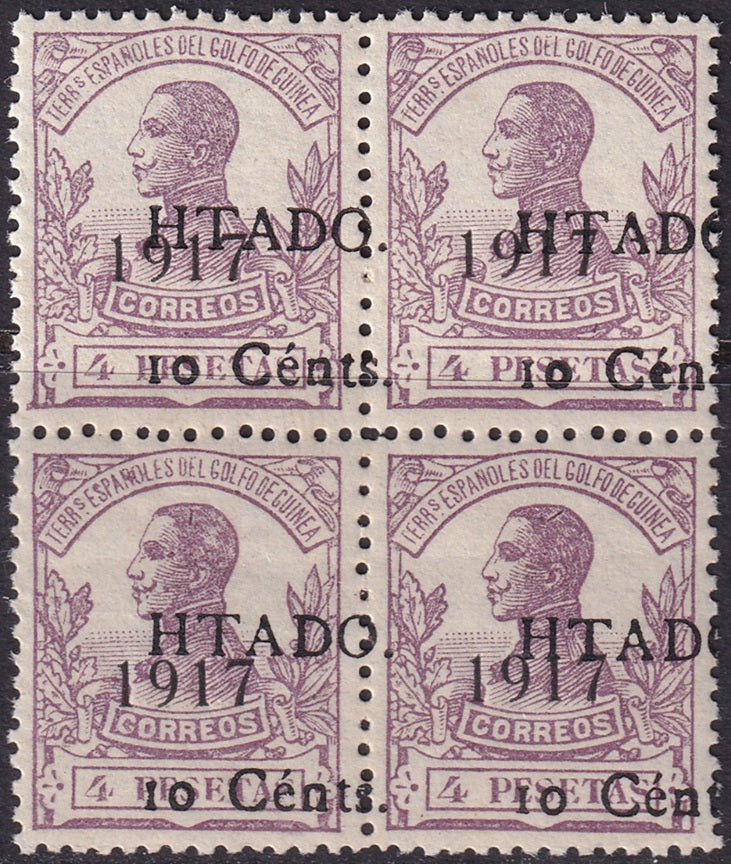 Spanish Guinea 1918 Sc 155 block MNH** shifted overprint