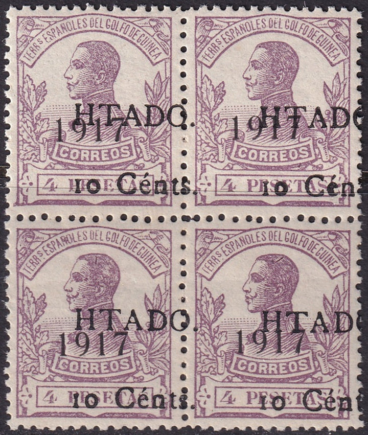 Spanish Guinea 1918 Sc 155 block MNH** shifted overprint