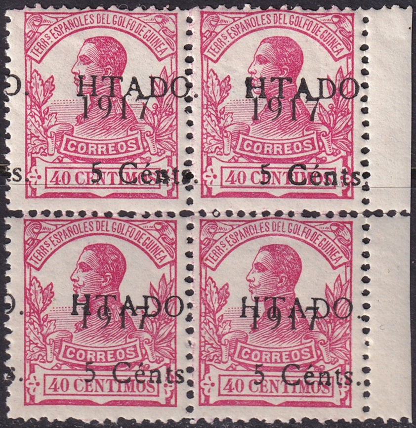 Spanish Guinea 1918 Sc 154 block MNH** shifted overprint