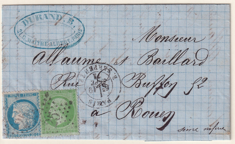 France 1871 Sc 23,57 folded letter Paris to Rouen with Paris "25" star cancel