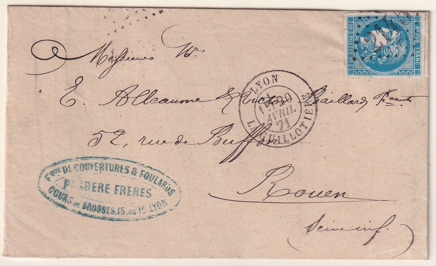 France 1871 Sc 45 folded letter Lyon to Rouen with "2145" GC cancel