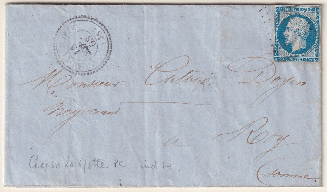 France 1858 Sc 15 folded letter Cuise-la-Motte to Roye (Somme) with "984" PC cancel