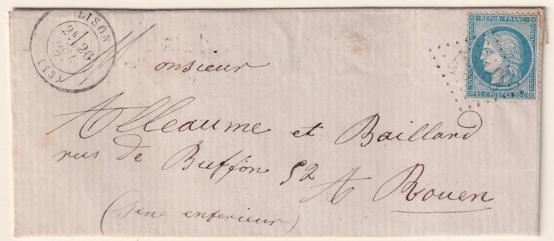 France 1871 Sc 58 folded letter Lison to Rouen with "4640" GC cancel 