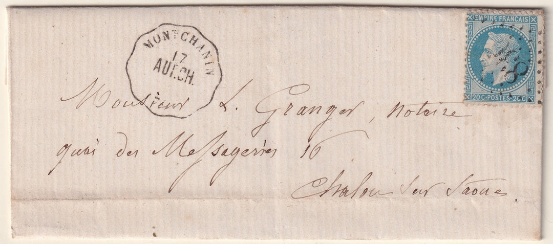 France 1869 Sc 33 folded letter Montchanin to Chalon-sur-Saone with "830" GC cancel 