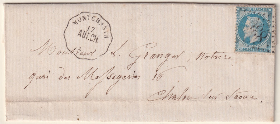 France 1869 Sc 33 folded letter Montchanin to Chalon-sur-Saone with "830" GC cancel 