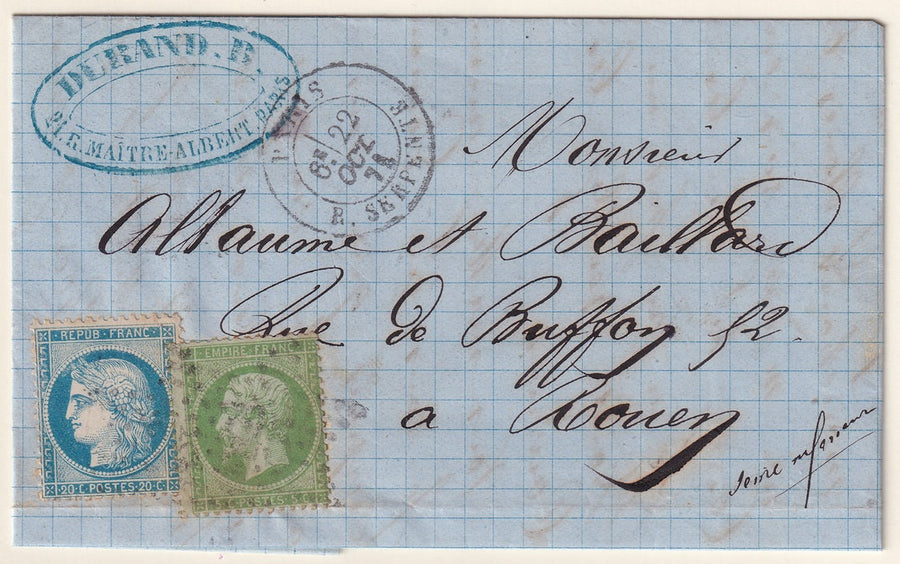 France 1871 Sc 23,57 folded letter Paris to Rouen with Paris "25" star cancel