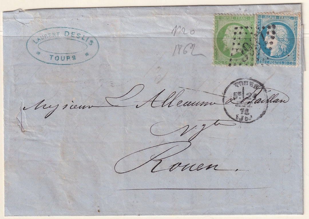 France 1872 Sc 23,57 folded letter Tours to Rouen with "3997" GC cancel