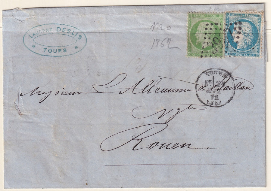 France 1872 Sc 23,57 folded letter Tours to Rouen with "3997" GC cancel