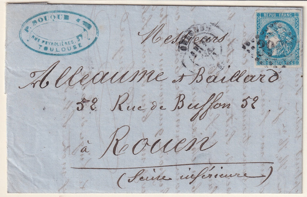 France 1871 Sc 45 folded letter Toulouse to Rouen with "3982" GC cancel