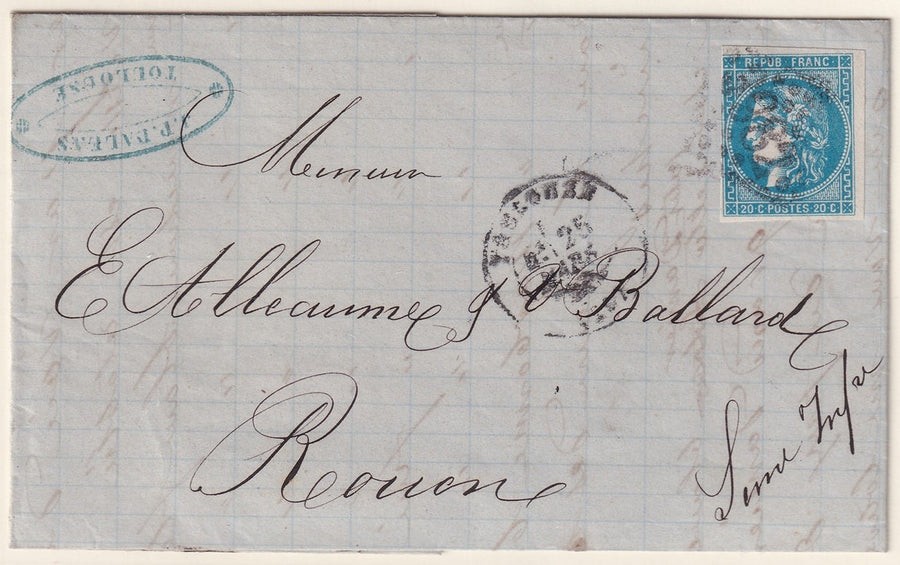 France 1871 Sc 45 folded letter Toulouse to Rouen with "3982" GC cancel
