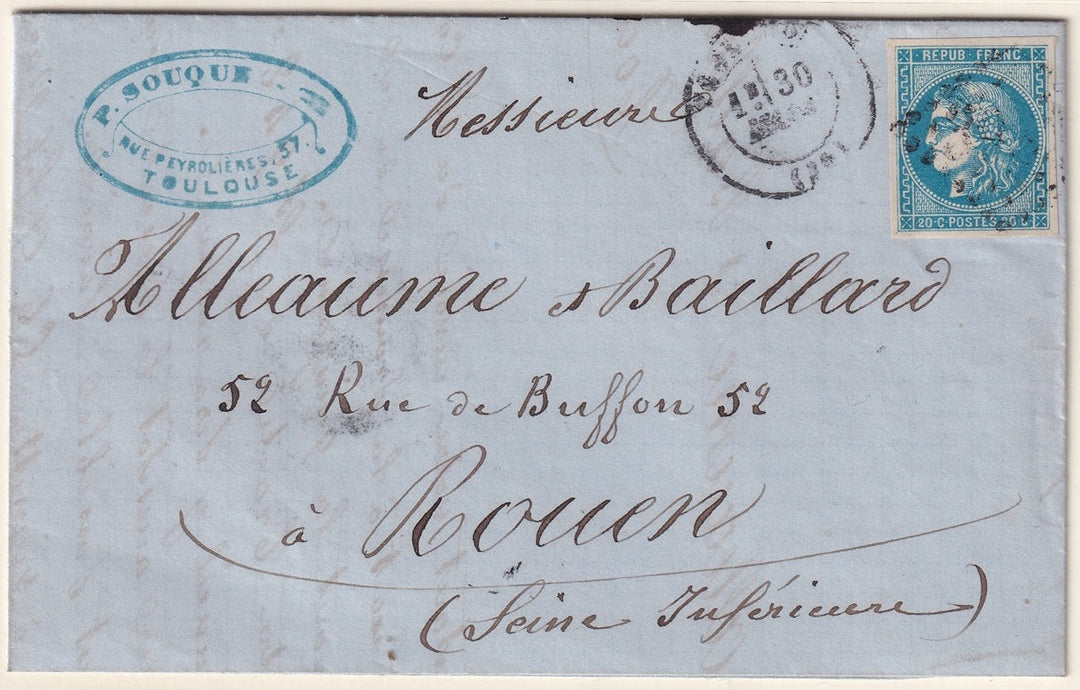France 1871 Sc 45 folded letter Toulouse to Rouen with "3982" GC cancel