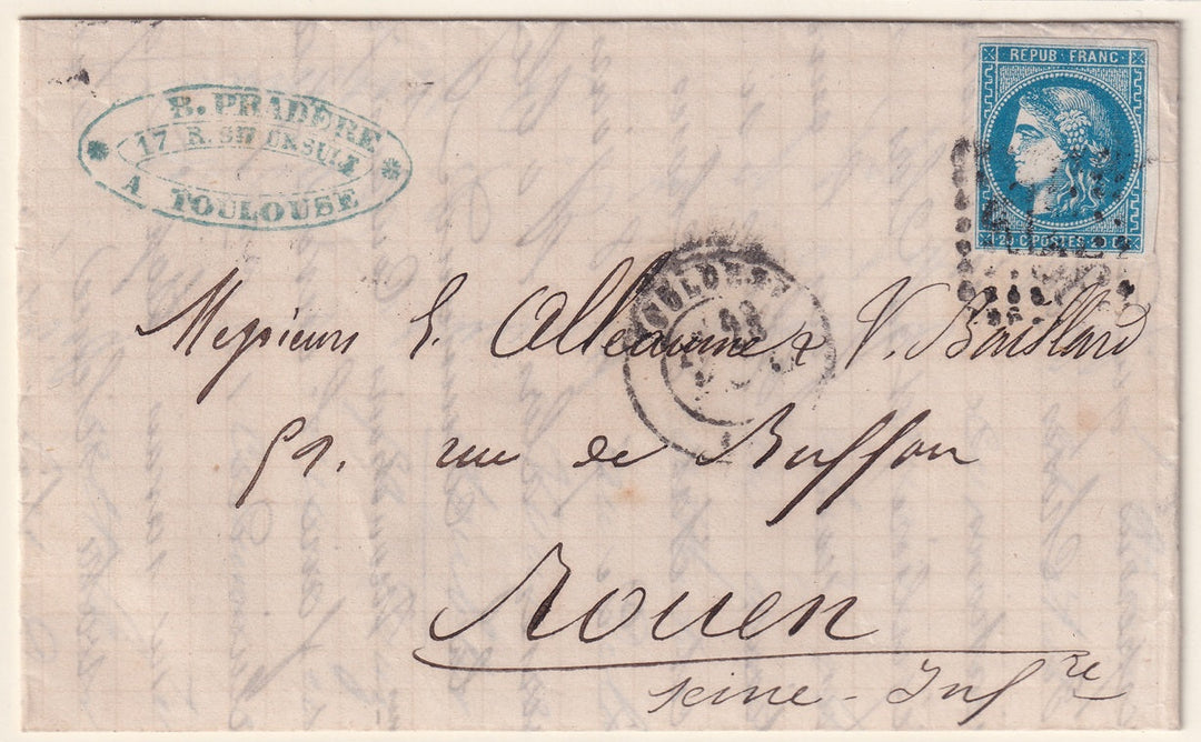France 1871 Sc 45 folded letter Toulouse to Rouen with "3982" GC cancel