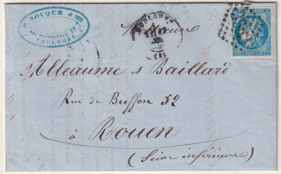 France 1871 Sc 45 folded letter Toulouse to Rouen with "3982" GC cancel