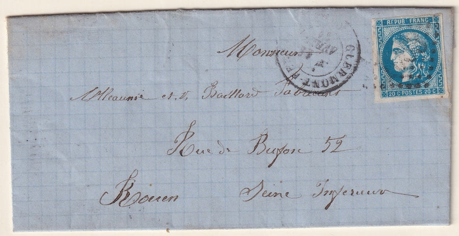 France 1871 Sc 45 folded letter Clermont-Ferrand to Rouen with "1053" GC cancel