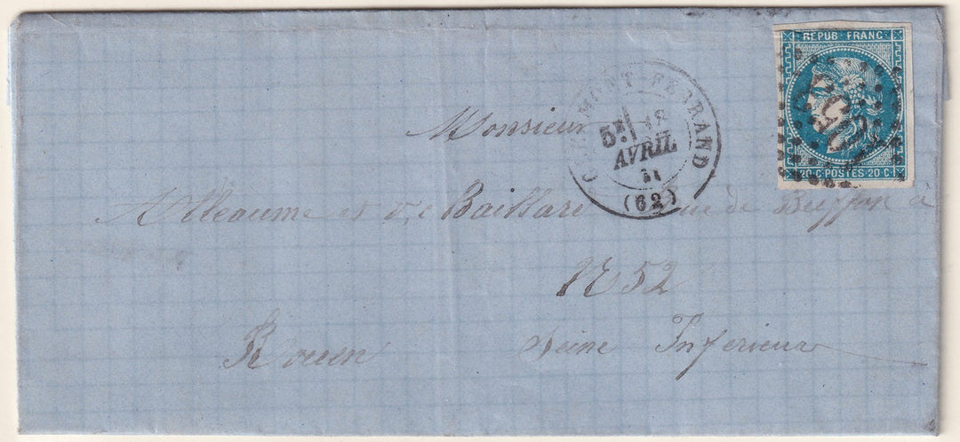 France 1871 Sc 45 folded letter Clermont-Ferrand to Rouen with "1053" GC cancel