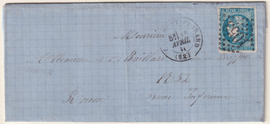 France 1871 Sc 45 folded letter Clermont-Ferrand to Rouen with "1053" GC cancel