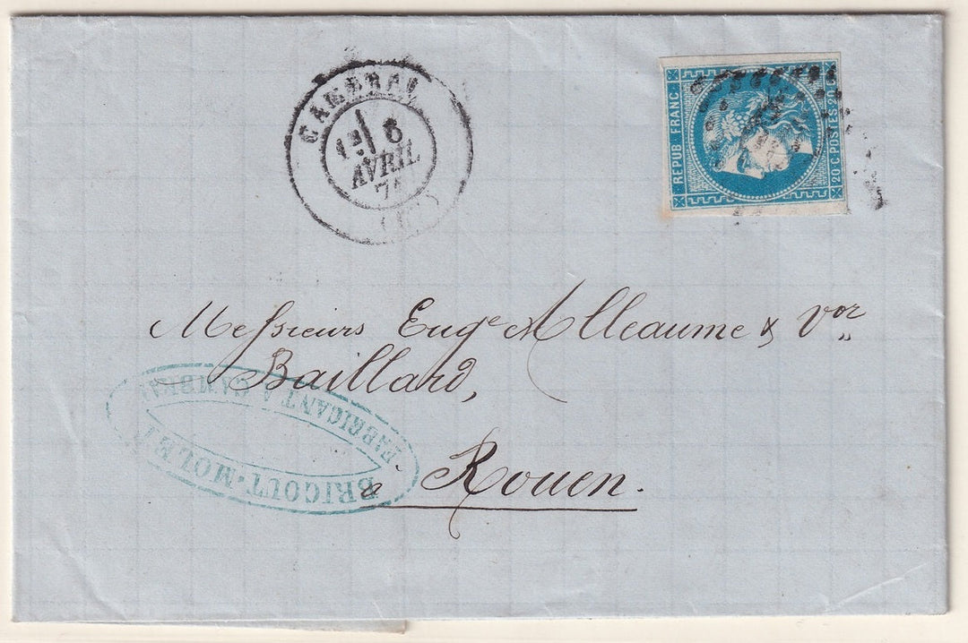 France 1871 Sc 45 folded letter Cambrai to Rouen with "709" GC cancel