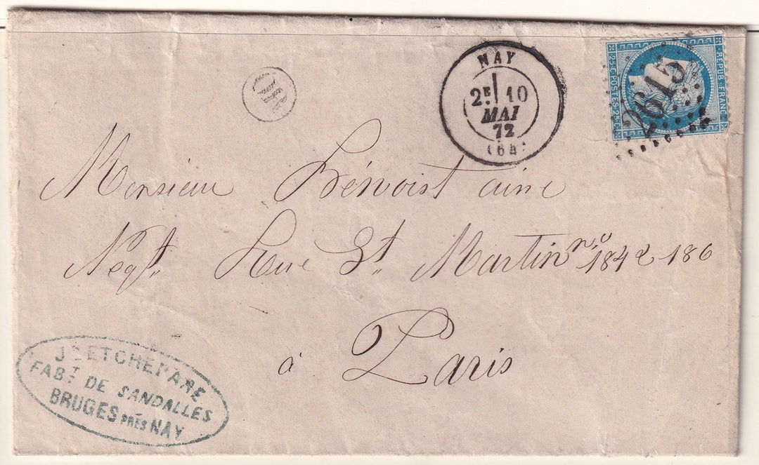 France 1872 Sc 58 folded letter Nay to Paris with "2615" GC cancel