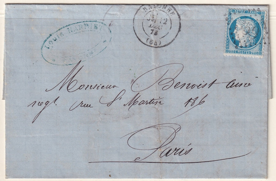 France 1872 Sc 58 folded letter Bayonne to Paris with "359" GC cancel