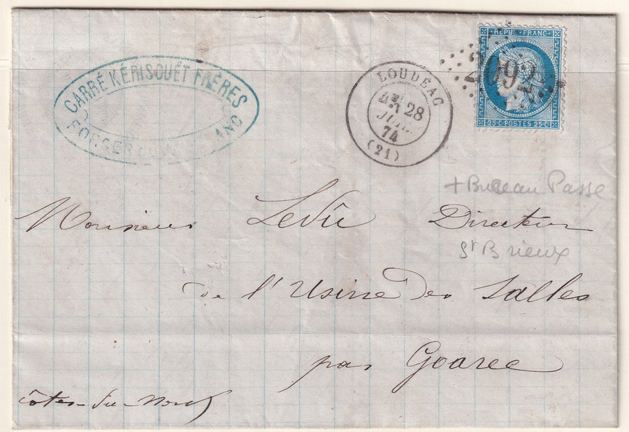 France 1874 Sc 58 folded letter Loudeac to Goarec with "2092" GC cancel