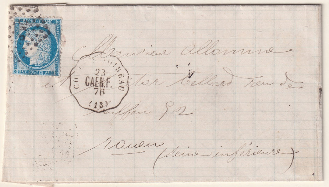 France 1876 Sc 58 folded letter Conde-s-Noireau to Rouen with "CNP" lozenge cancel
