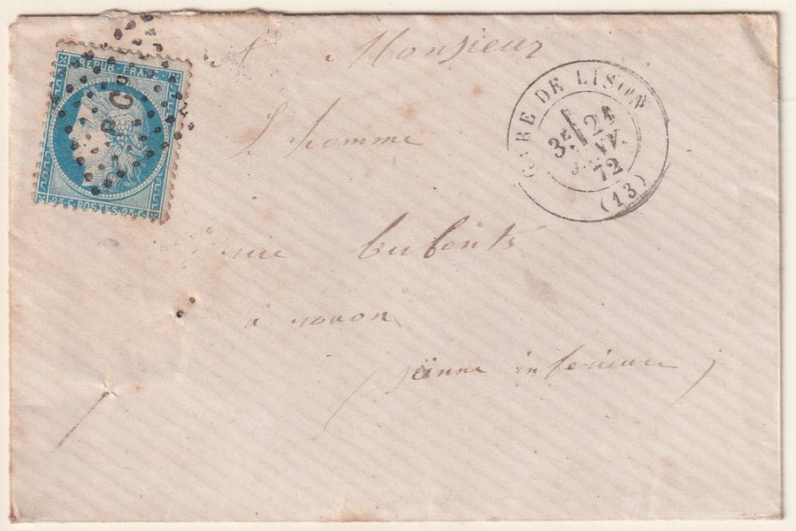 France 1872 Sc 58 cover Lison to Rouen with "P Ca" lozenge cancel