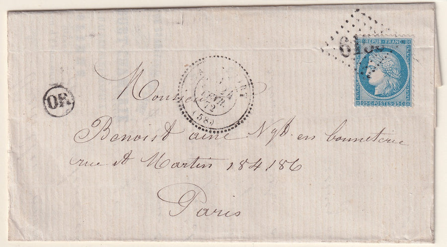 France 1872 Sc 58 folded letter Abancourt to Paris with "6155" GC cancel