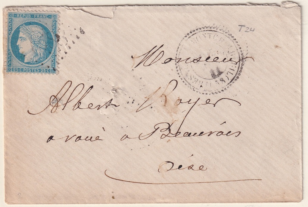 France 1874 Sc 58 cover Fresmeaux-Montchevreuil to Beauvais with "1558" GC cancel