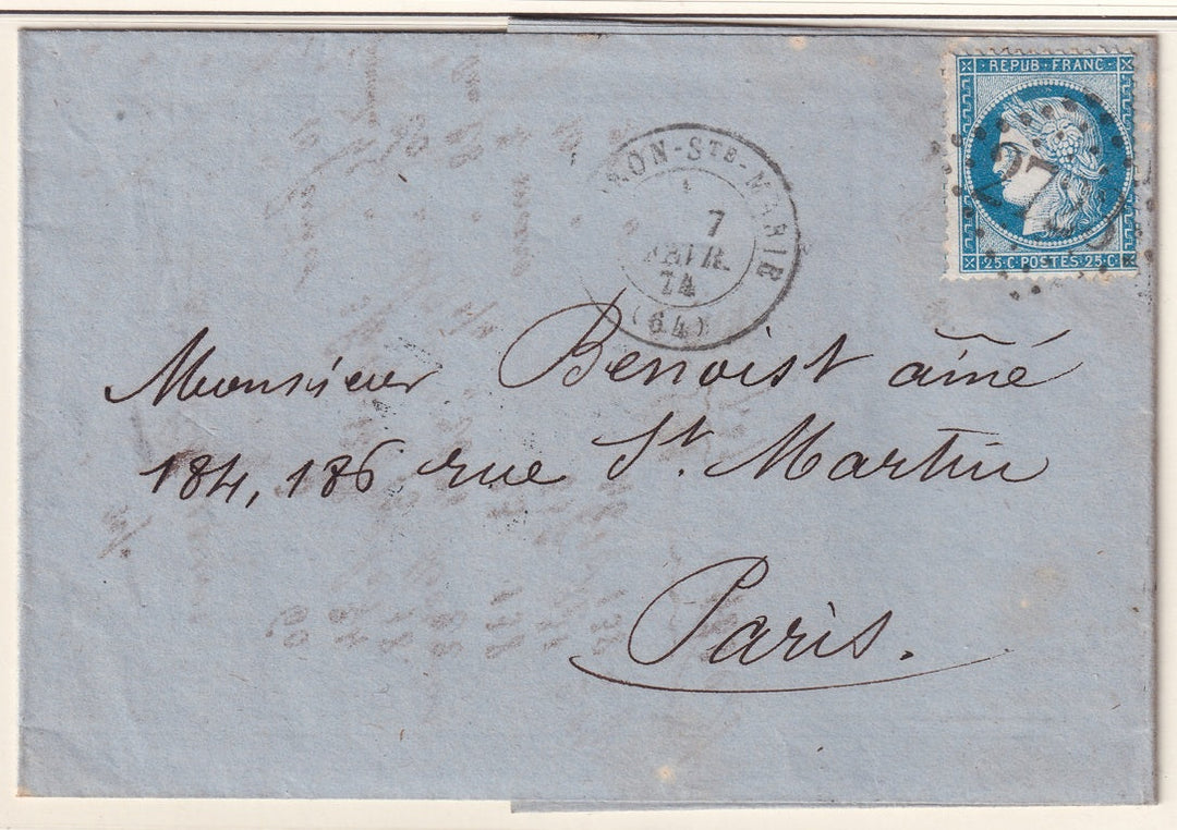 France 1874 Sc 58 folded letter Oloron-Ste-Marie to Paris with "2723" GC cancel