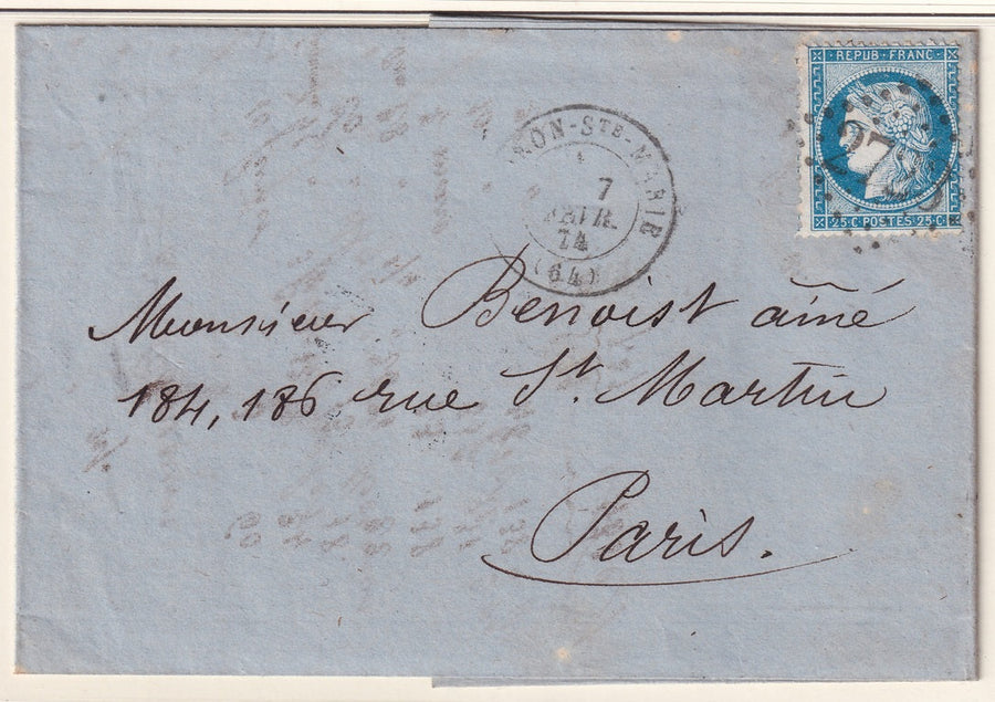 France 1874 Sc 58 folded letter Oloron-Ste-Marie to Paris with "2723" GC cancel