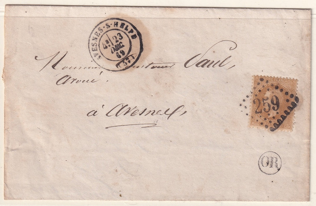 France 1869 Sc 32 folded letter Avesnes-s-Helpe to Paris with "259" GC cancel