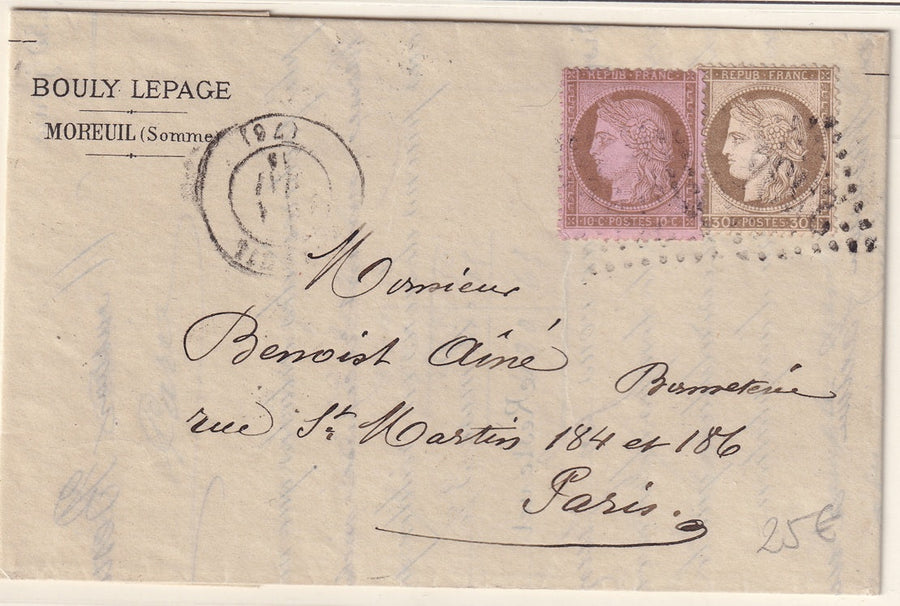 France 1874 Sc 55,62 folded letter Moreuil to Paris with "2534" GC cancel