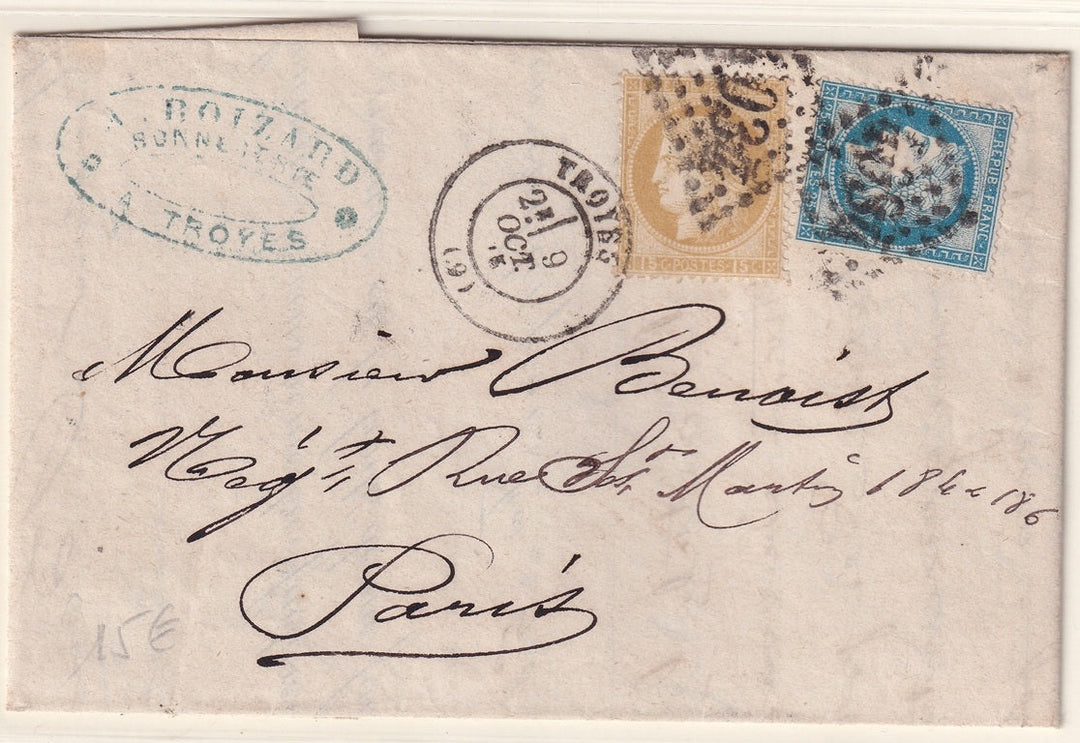 France 1875 Sc 58,61 folded letter Troyes to Paris with "4034" GC cancel