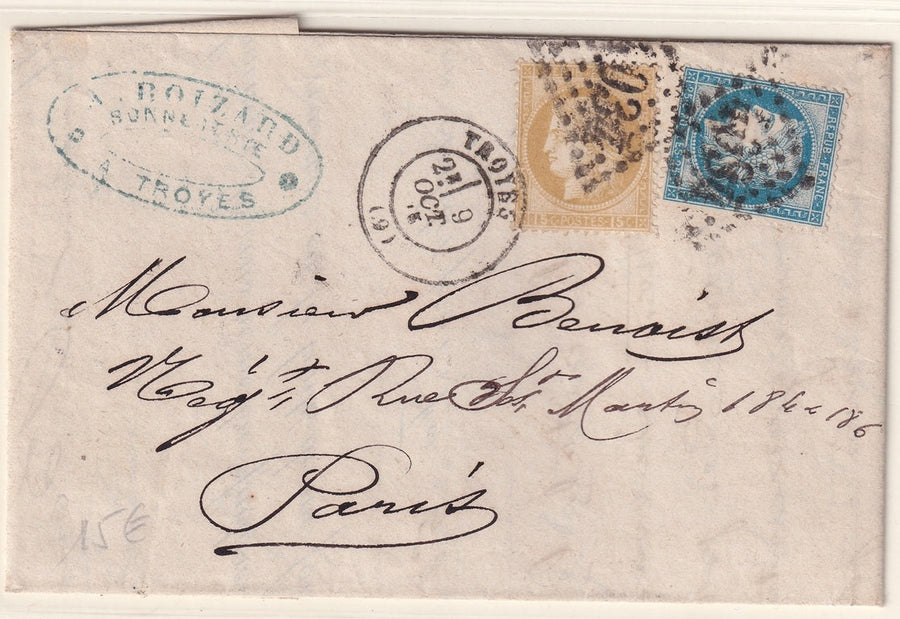 France 1875 Sc 58,61 folded letter Troyes to Paris with "4034" GC cancel