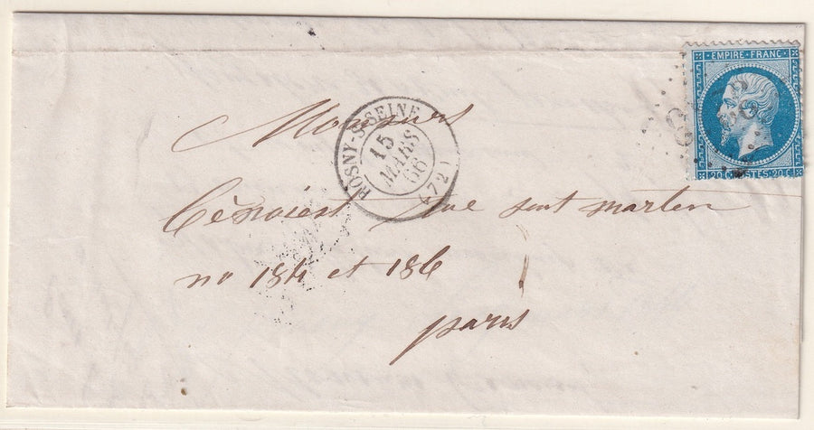 France 1866 Sc 26 folded letter Rosny-s-Seine to Paris with "3213" GC cancel