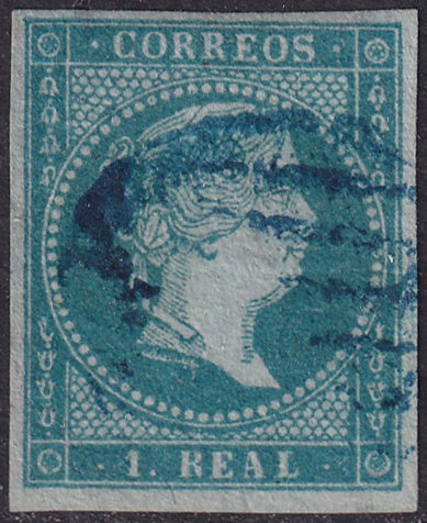 Spain 1855 Sc 38 used blue grill (parrilla) cancel