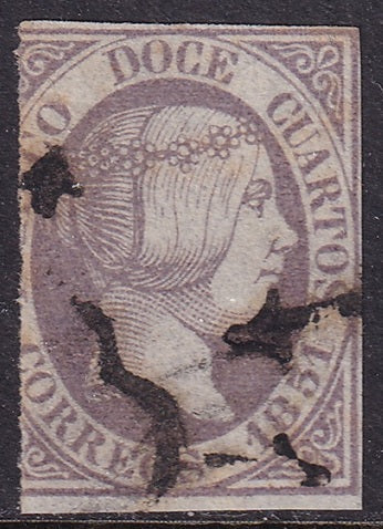 Spain 1851 Sc 7 used faulty missing left side spider cancel