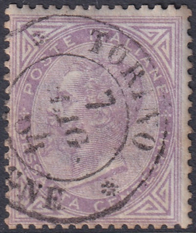 Italy 1863 Sc 32 used Torino cancel De La Rue printing