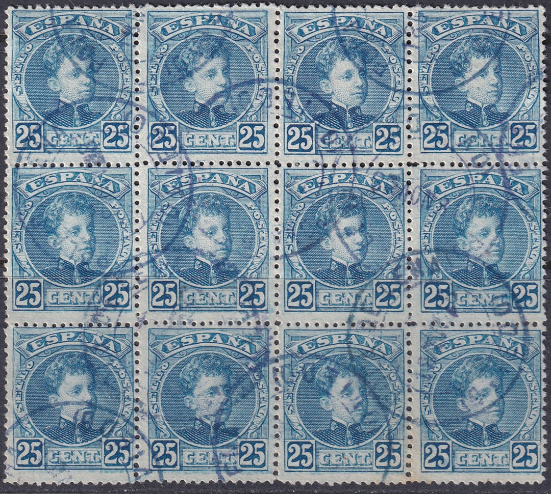 Spain 1901 Sc 279 used block of 12 "Pola de Lena (Oviedo)" date cancel